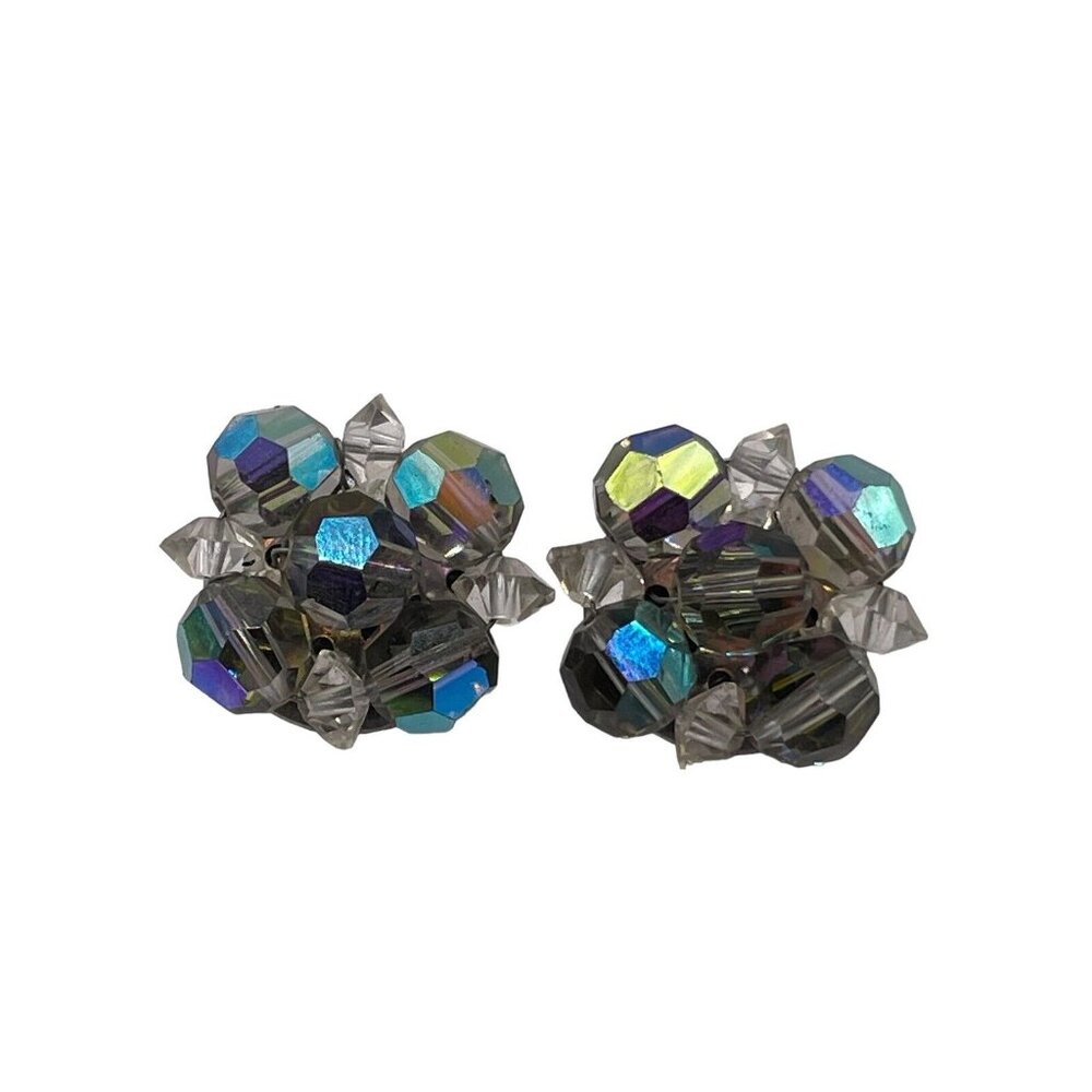VTG LAGUNA AB SMOKEY‎ DARK & CLEAR BEAD CLUSTER CLIP ON EARRINGS SILVER TONE